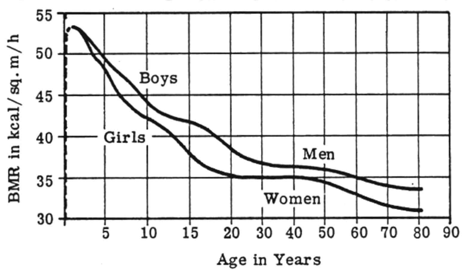 This chart shows how your metabolism slows down as men get older: It shows how metabolism (BMR or basal metabolic rate) falls as we age.