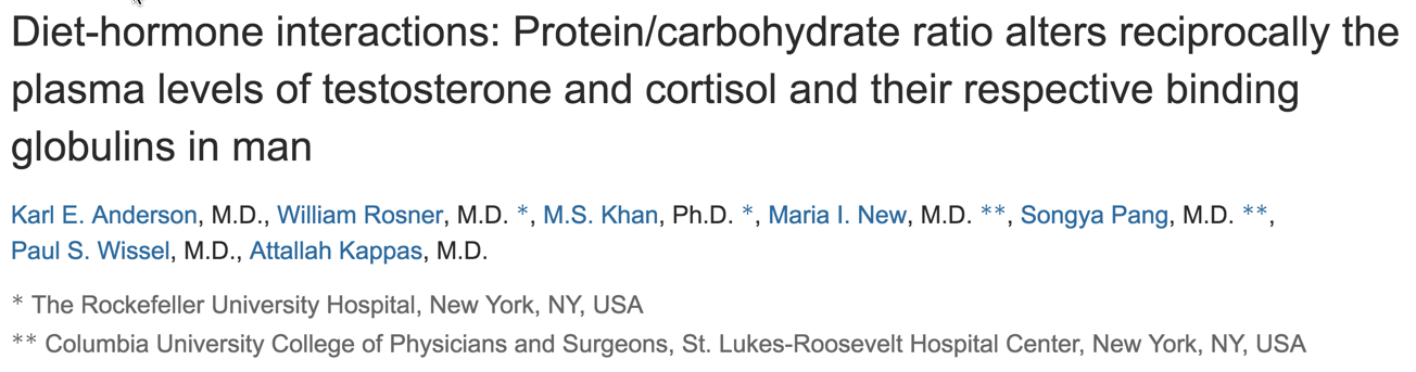 Diet-hormone interactions: Protein/carbohydrate ratio alters reciprocally the plasma levels of testosterone and cortisol and their respective binding globulins in man