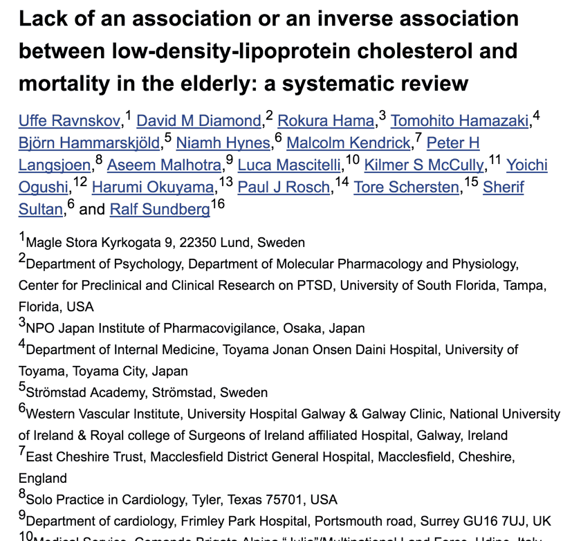 Lack of an association or an inverse association between low-density-lipoprotein cholesterol and mortality in the elderly: a systematic review