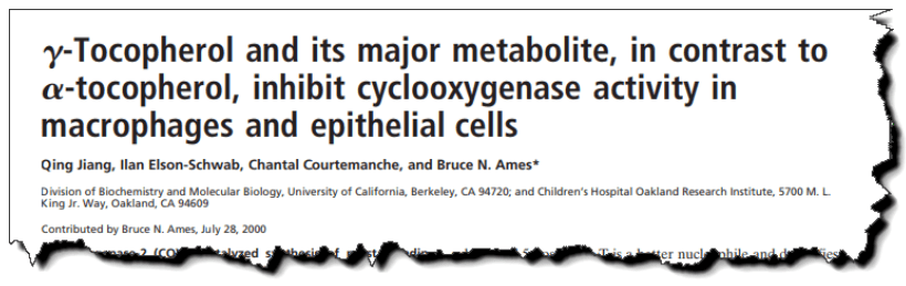 γ-Tocopherol and its major metabolite, in contrast to α-tocopherol, inhibit cyclooxygenase activity in macrophages and epithelial cells.