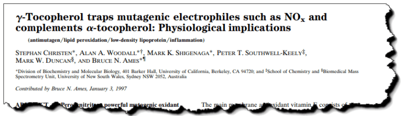 γ-Tocopherol traps mutagenic electrophiles such as NOₓ and complements α-tocopherol: Physiological implications.