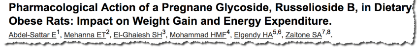 Pharmacological Action of a Pregnane Glycoside, Russelioside B, in Dietary Obese Rats: Impact on Weight Gain and Energy Expenditure