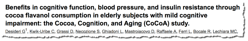 Benefits in cognitive function, blood pressure, and insulin resistance through cocoa flavanol consumption in elderly subjects with mild cognitive impairment: the Cocoa, Cognition, and Aging (CoCoA) study.