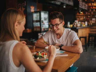 Happy young couple in love having a nice date in a bar or restaurant.