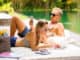 Stress free couple relaxing in hot summer day and using tech