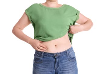 Overweight woman touching belly fat before weight loss