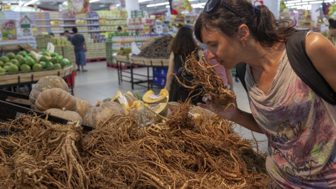 girl in the store chooses ginseng root.