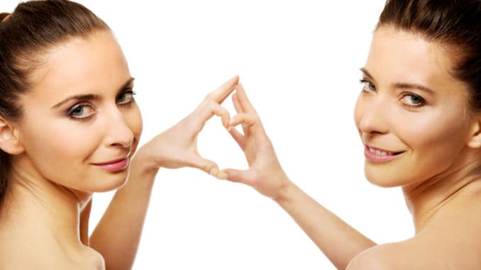 Two beautiful women making heart with fingers.