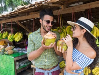 Couple Drink Coconut Asian Fruits Street Market Buying Fresh Food, Young Man And Woman Tourists Exotic Vacation Tropical Holiday