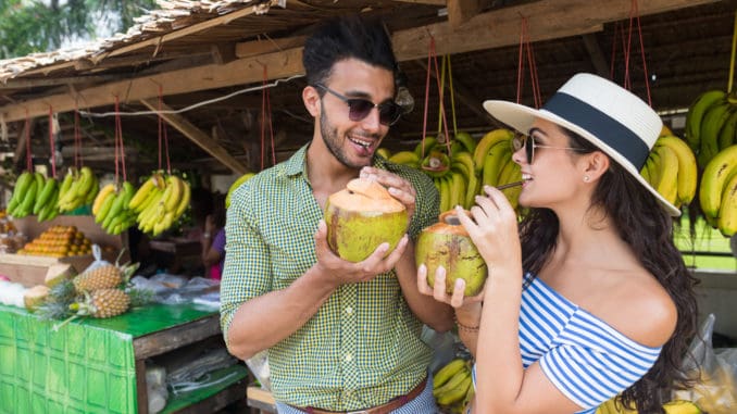 Couple Drink Coconut Asian Fruits Street Market Buying Fresh Food, Young Man And Woman Tourists Exotic Vacation Tropical Holiday