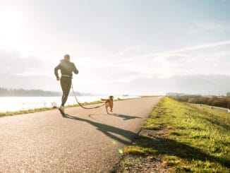 man jogging with his beagle dog