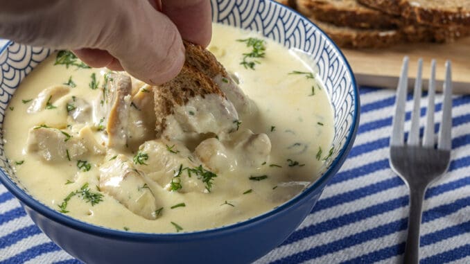 Eating chicken stew with mushrooms and cream