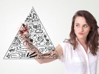 Young woman drawing a various food pyramid on whiteboard