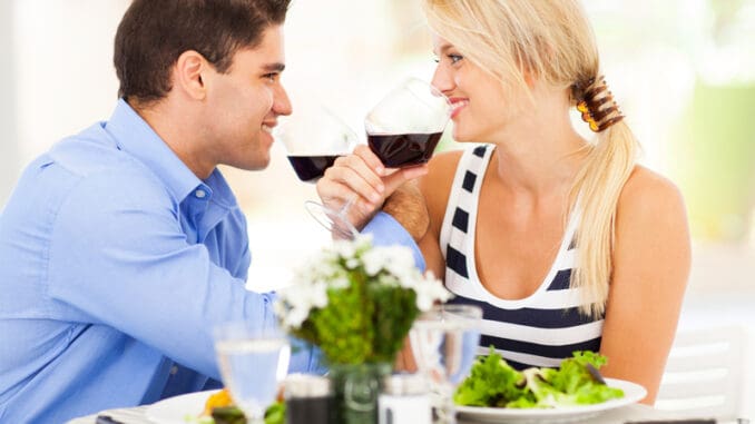 Loving young couple drinking wine in restaurant
