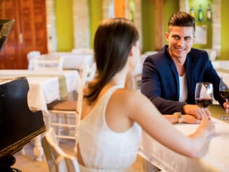 Young couple drinking red wine in a restaurant