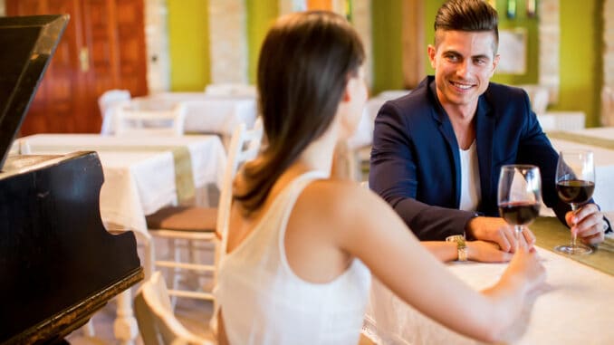 Young couple drinking red wine in a restaurant