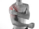 Young man arm and shoulder joint pain on white background.