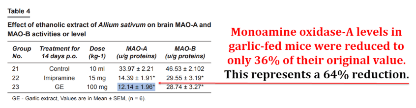 Monoamine oxidase-A levels in garlic-fed mice were reduced to only 36% of their original value. This represents a 64% reduction.
