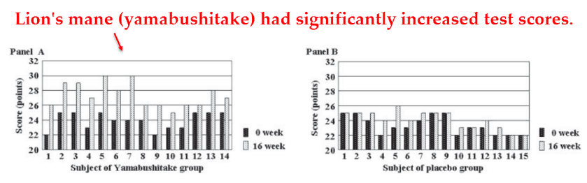 Lion's mane (yamabushitake) had significantly increased test scores