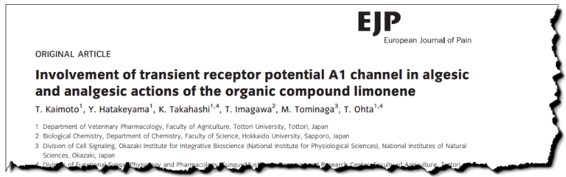 Involvement of transient receptor potential A1 channel in algesic and analgesic actions of the organic compound limonene.