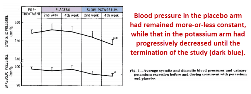 Blood pressure in the placebo arm had remained more-or-less constant, while that in the potassium arm had progressively decreased until the termination of the study (dark blue)