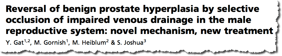 Reversal of benign prostate hyperplasia by selective occlusion of impaired venous drainage in the male reproductive system: novel mechanism, new treatment