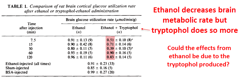 Ethanol decreases brain metabolic rate but tryptophol does so more