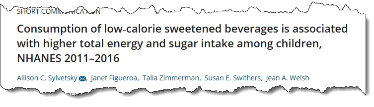 Consumption of low-calorie sweetened beverages is associated with higher total energy and sugar intake among children, NHANES 2011-2016