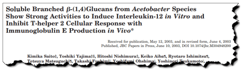 Soluble branched β-(1,4) glucans from Acetobacter species show strong activities to induce interleukin-12 in vitro and inhibit T-helper 2 cellular response with immunoglobulin E production in vivo.