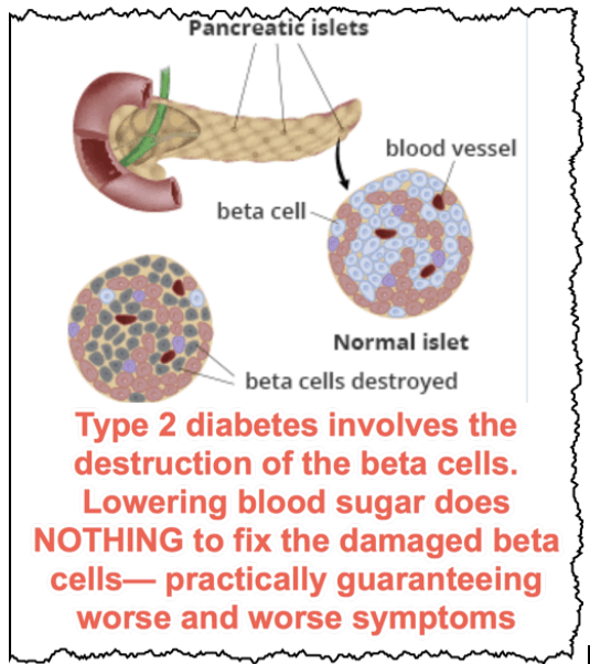 Type 2 diabetes involves the destruction of the beta cells. Lowering blood sugar does NOTHING to fix the damaged beta cells-- practically guaranteeing worse and worse symptoms