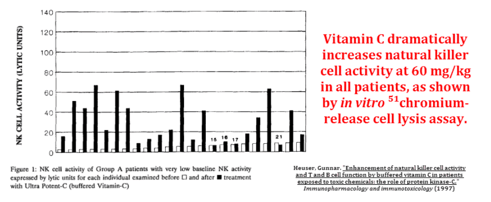 Vitamin C dramatically increases natural killer cell activity at 60mg/kg in all patients, as shown by in vitro 52 chromium-release cell lysis assay.