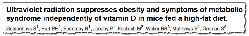 Ultraviolet radiation suppresses obesity and symptoms of metabolic syndrome independently of vitamin D in mice fed a high-fat diet.