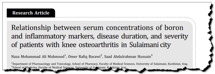 Relationship between serum concentrations of boron and inflammatory markers, disease duration, and severity of patients with knee osteoarthritis in Sulaimani city.